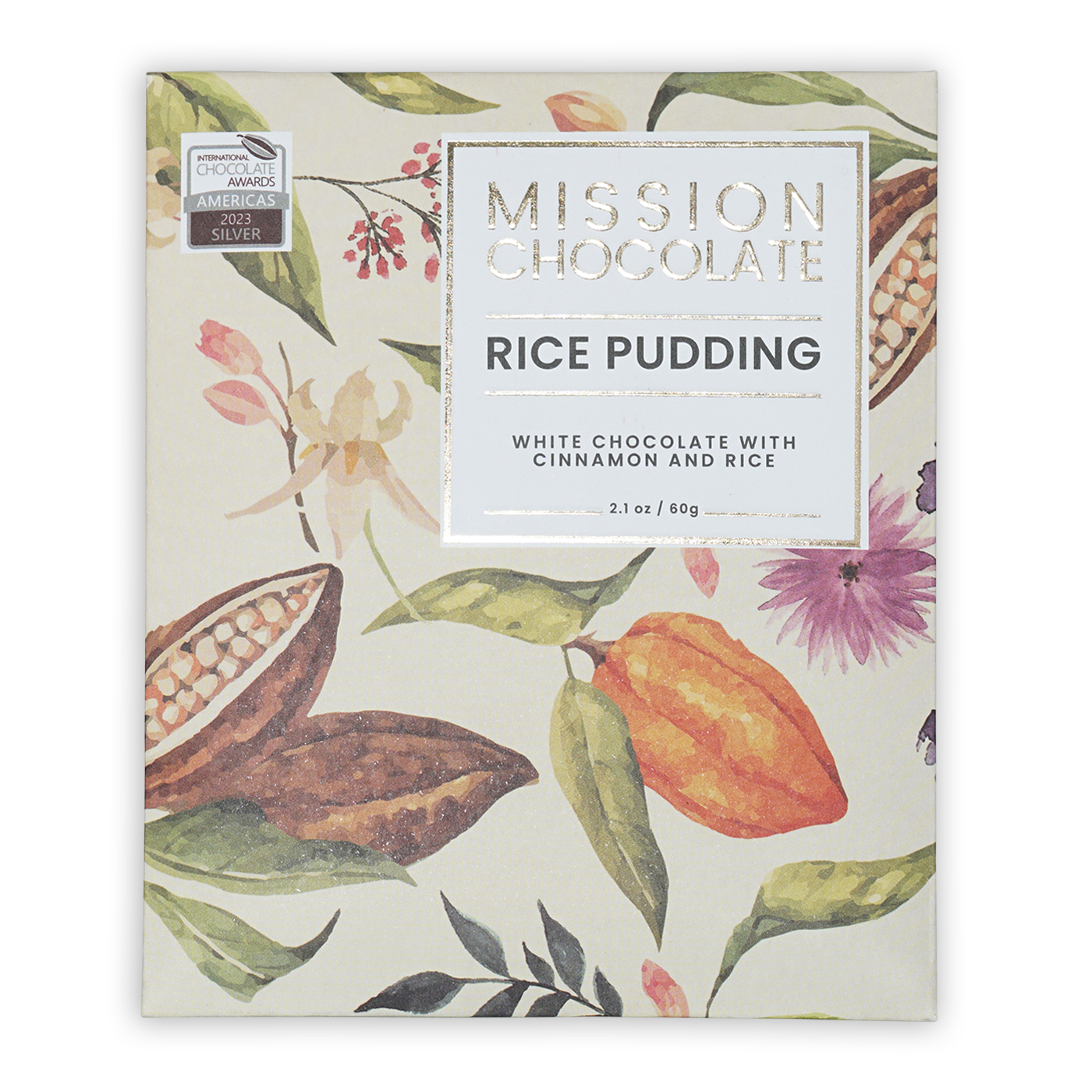 Mission Chocolate Horchata white chocolate bar with cinnamon rice pudding in elegant botanical box