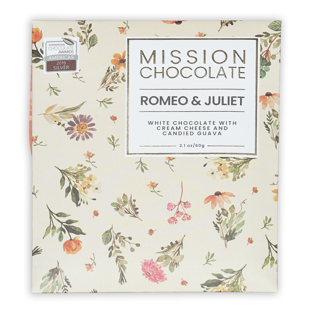 Mission Chocolates Romeo & Juliet white chocolate bar with floral packaging