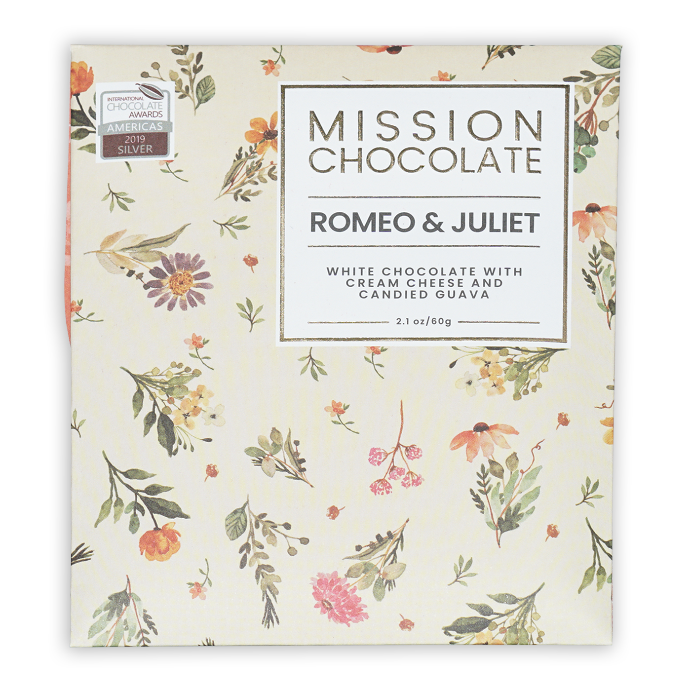Mission Chocolates Romeo & Juliet white chocolate bar with floral packaging