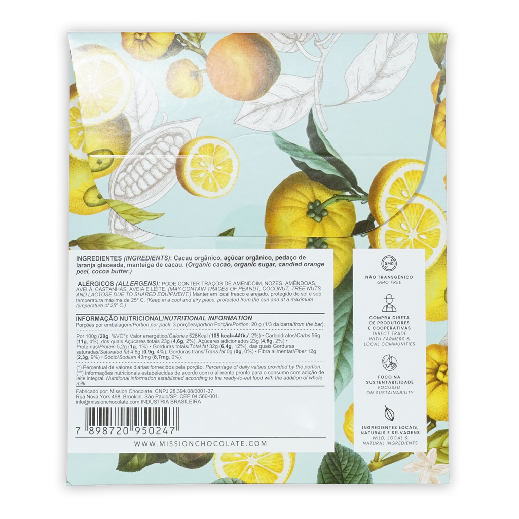 Vibrant yellow lemon-themed wrapper of mission chocolate dark 70 percent with candied orange peel showing nutritional info in portuguese