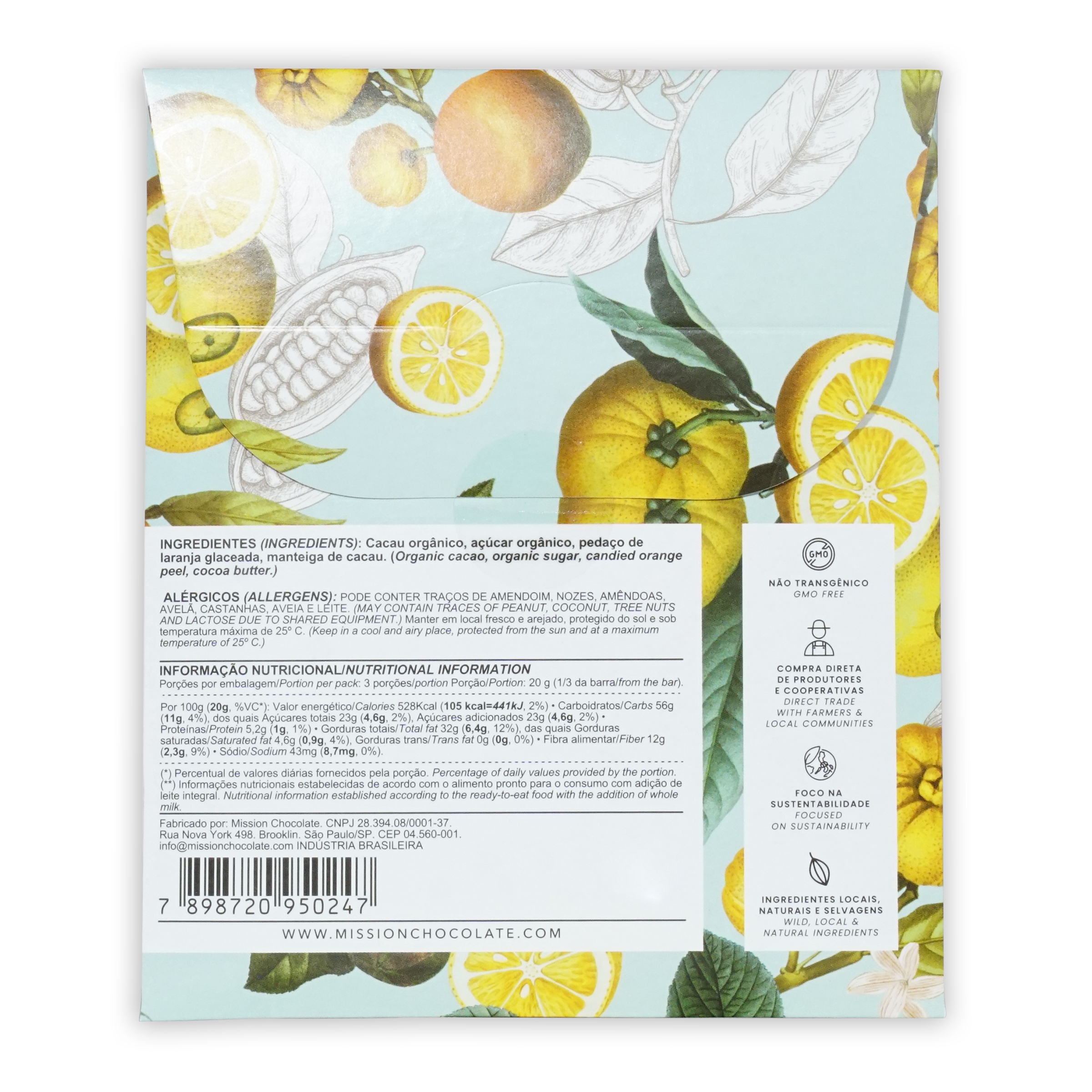 Vibrant yellow lemon-themed wrapper of mission chocolate dark 70 percent with candied orange peel showing nutritional info in portuguese