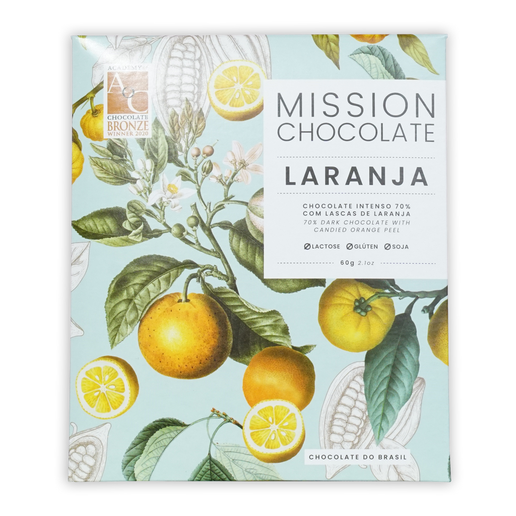 Mission chocolate dark with candied orange peel 70 percent bar in light blue wrapper with orange and lemon illustrations