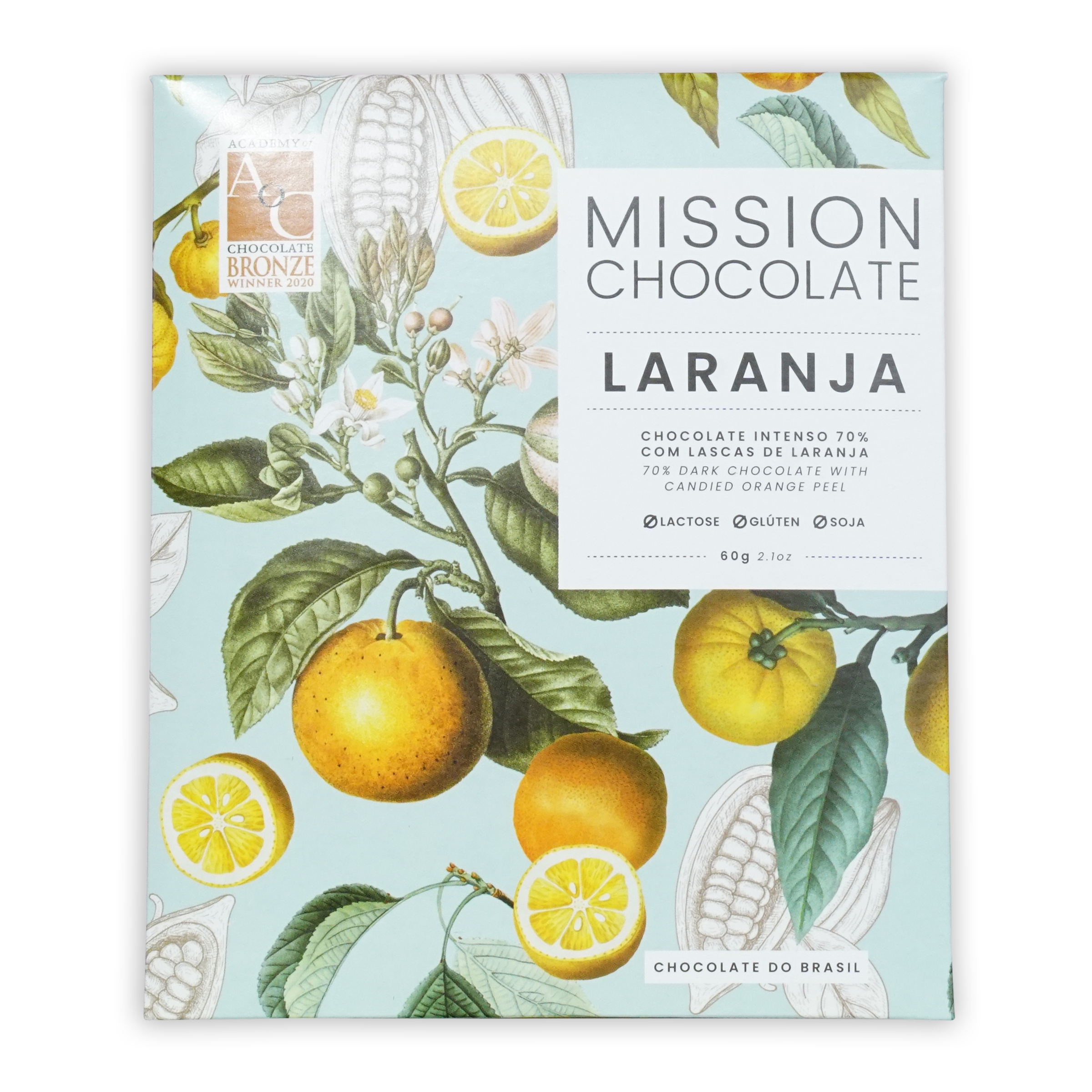 Mission chocolate dark with candied orange peel 70 percent bar in light blue wrapper with orange and lemon illustrations