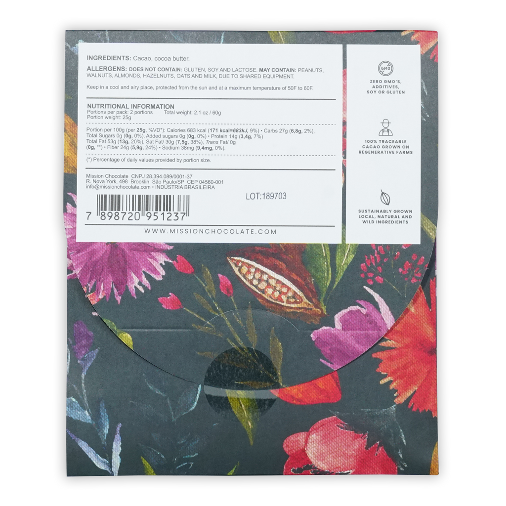 Mission chocolate 100 percent cacao dark chocolate bar wrapped in vibrant floral paper with red and pink blossoms