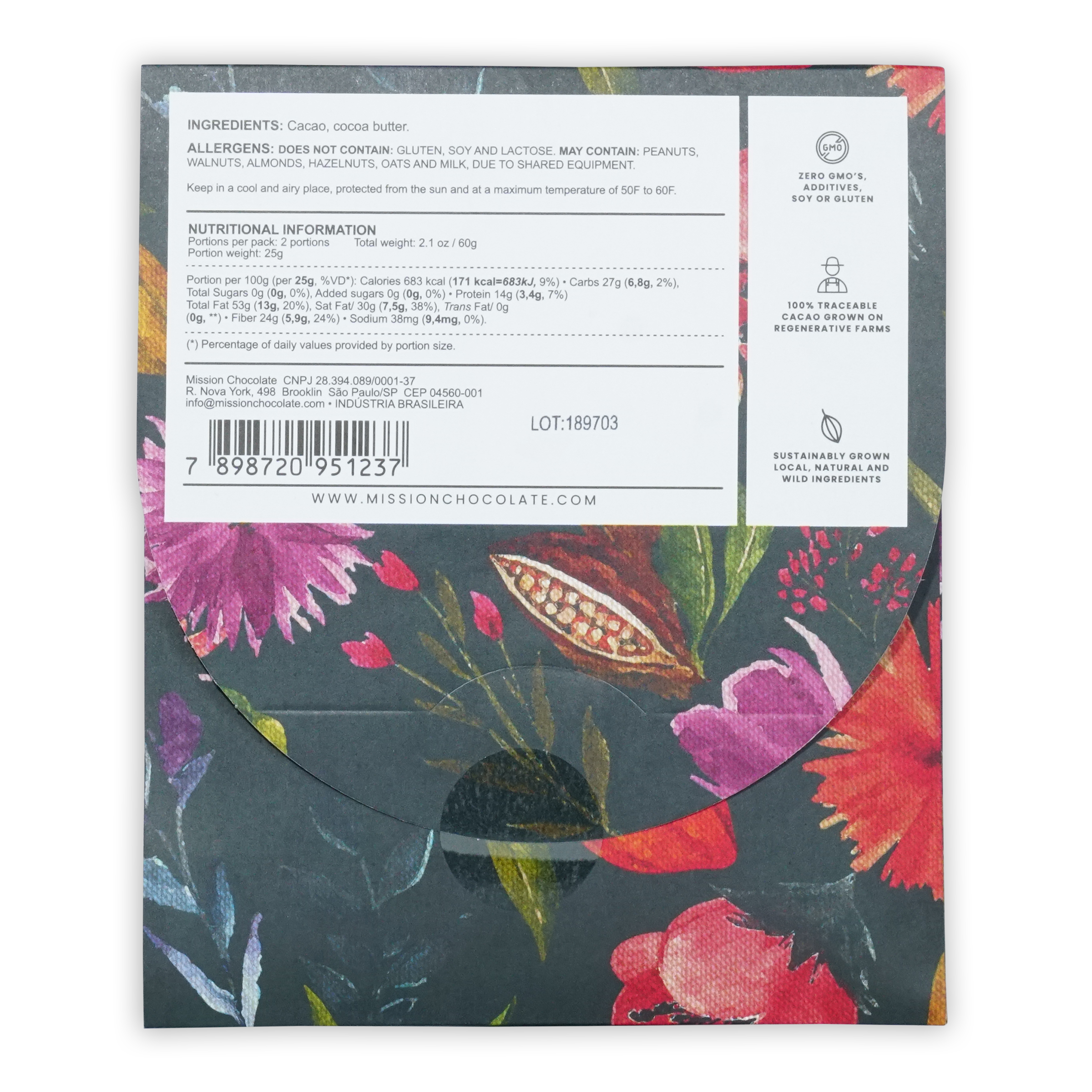 Mission chocolate 100 percent cacao dark chocolate bar wrapped in vibrant floral paper with red and pink blossoms