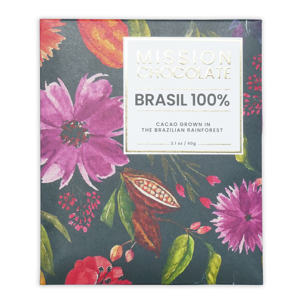 Mission chocolate brasil 100% cacao dark chocolate bar in vibrant floral box with pink red and green botanical illustrations
