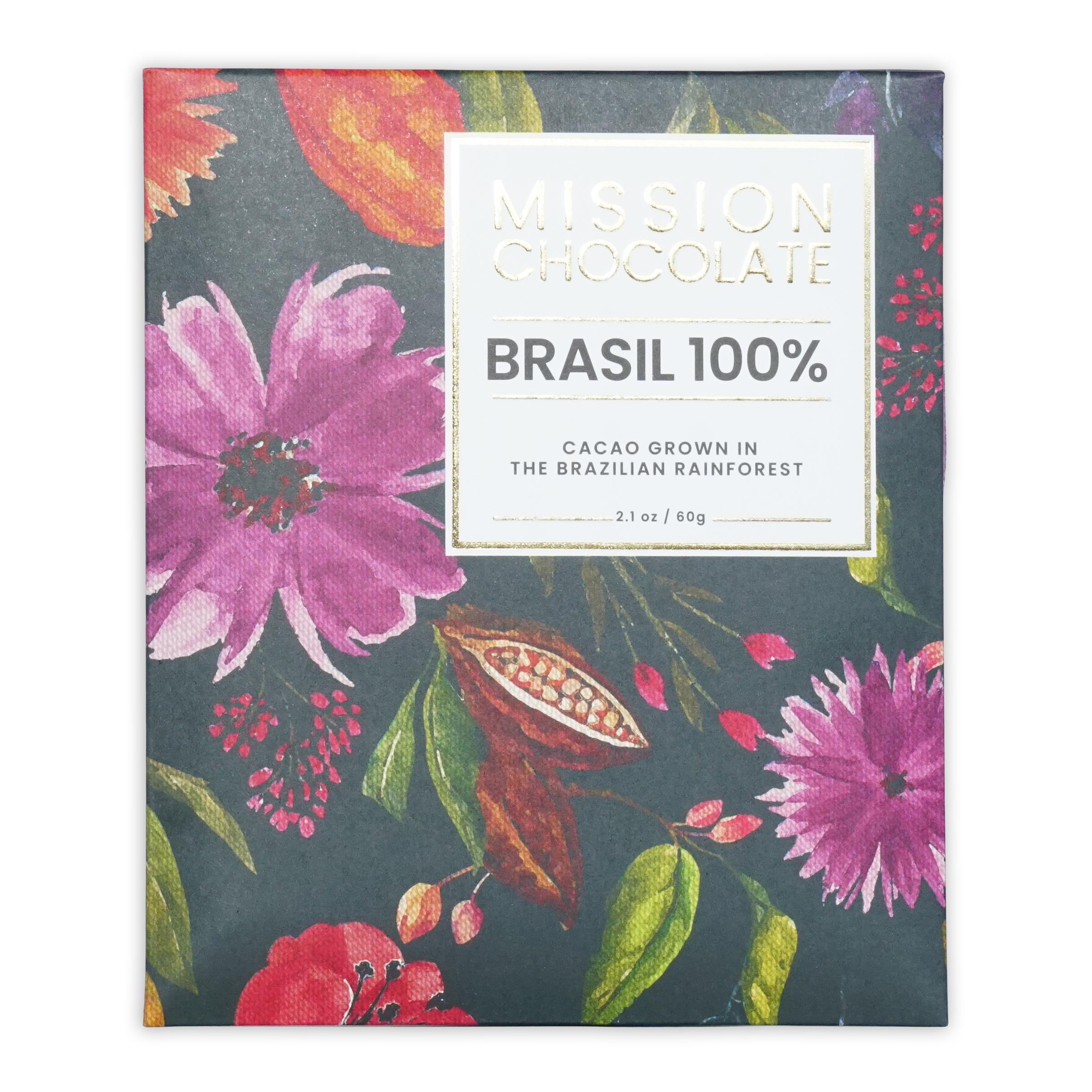 Mission chocolate brasil 100% cacao dark chocolate bar in vibrant floral box with pink red and green botanical illustrations