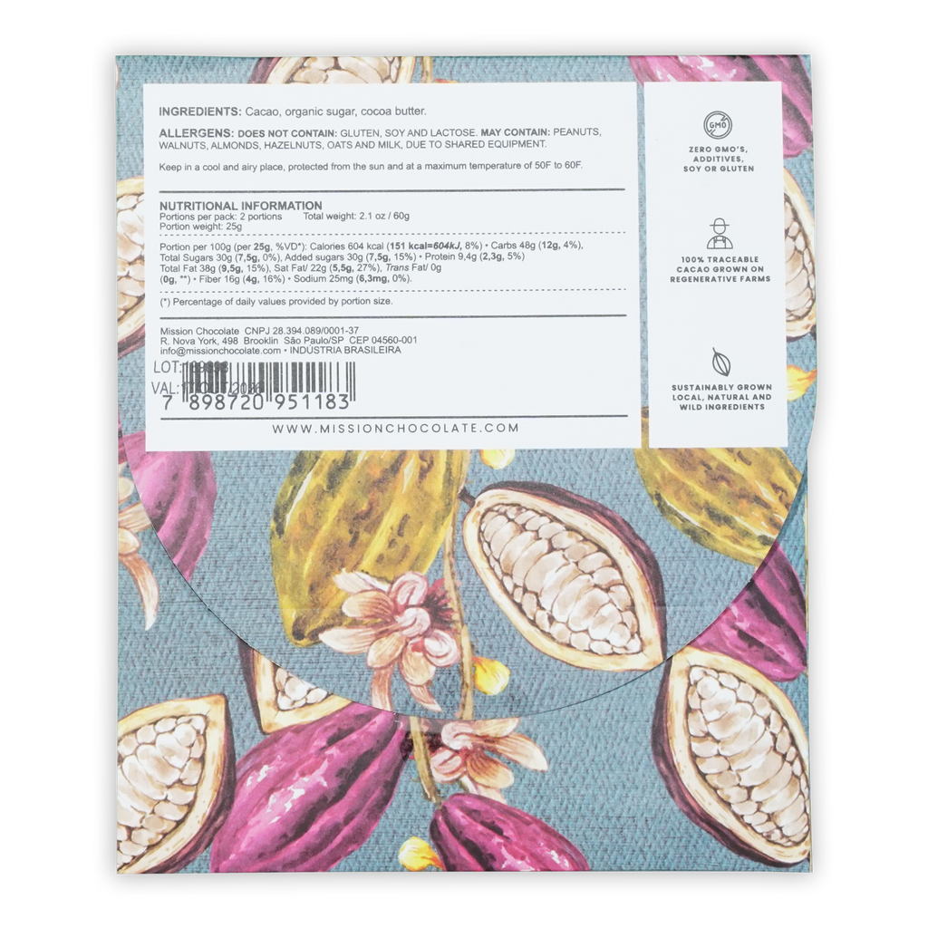 Mission chocolate two rivers 70 percent dark chocolate 2.1 oz bar with purple and yellow cacao pod illustrations on blue background