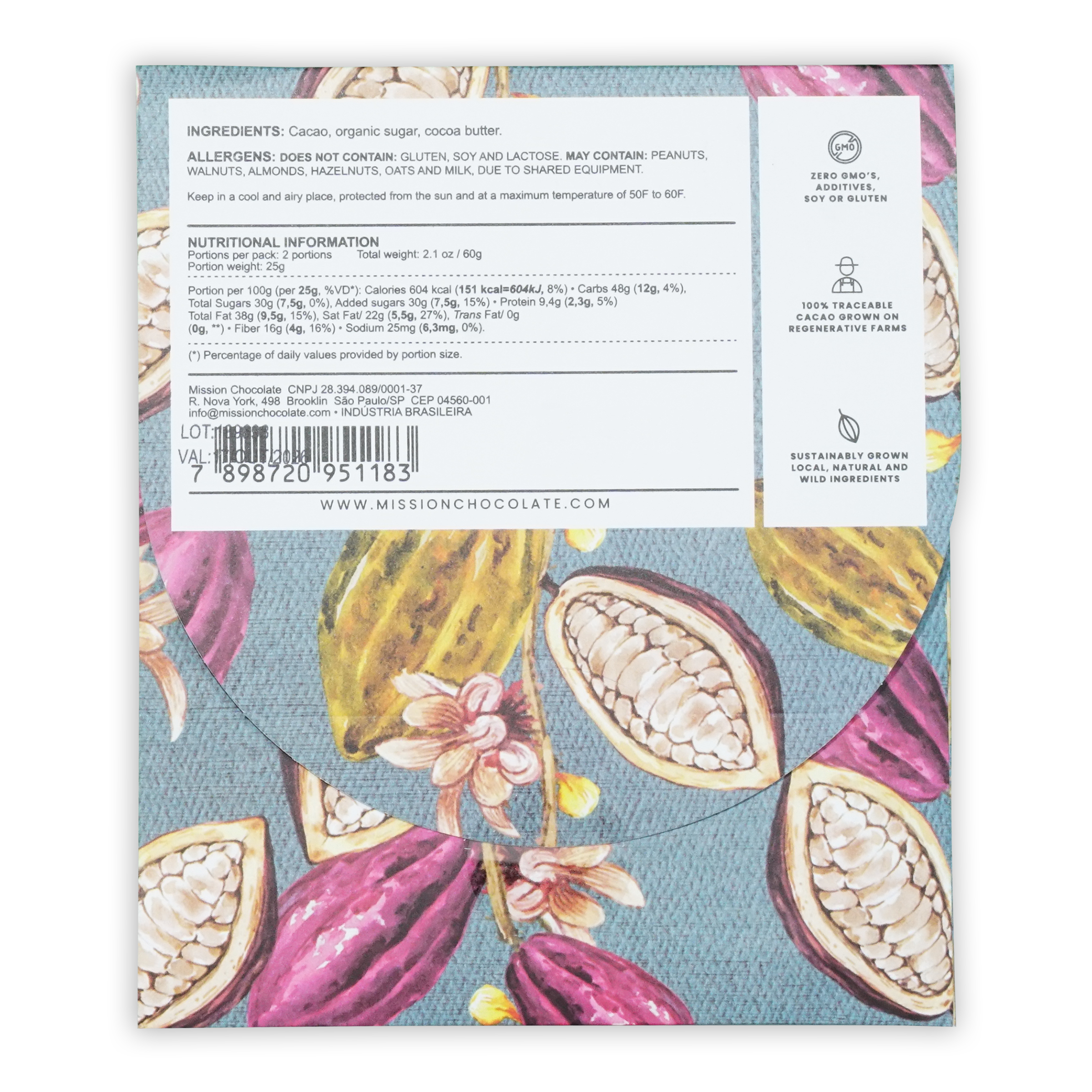 Mission chocolate two rivers 70 percent dark chocolate 2.1 oz bar with purple and yellow cacao pod illustrations on blue background