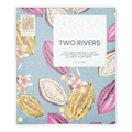 Mission chocolate two rivers 70% dark chocolate bar in vibrant blue packaging with pink and yellow cacao illustrations