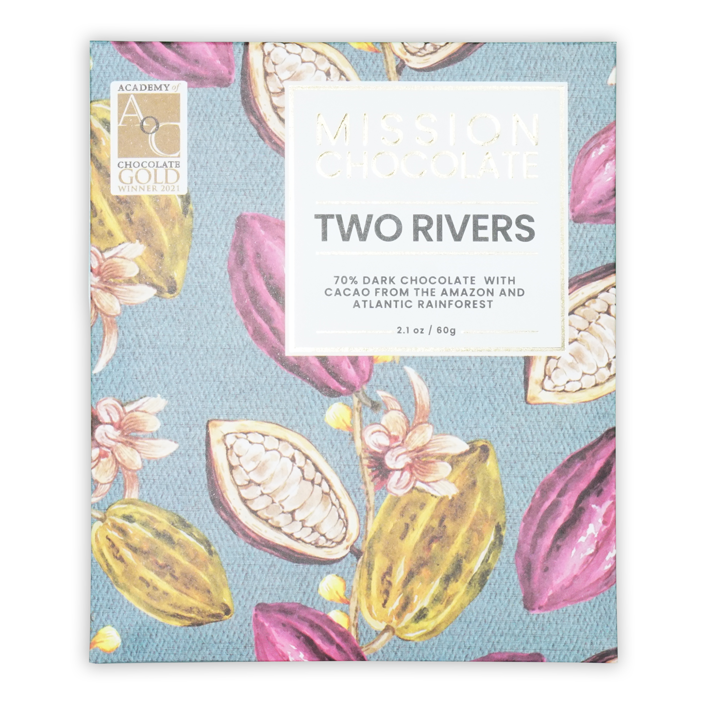 Mission chocolate two rivers 70% dark chocolate bar in vibrant blue packaging with pink and yellow cacao illustrations