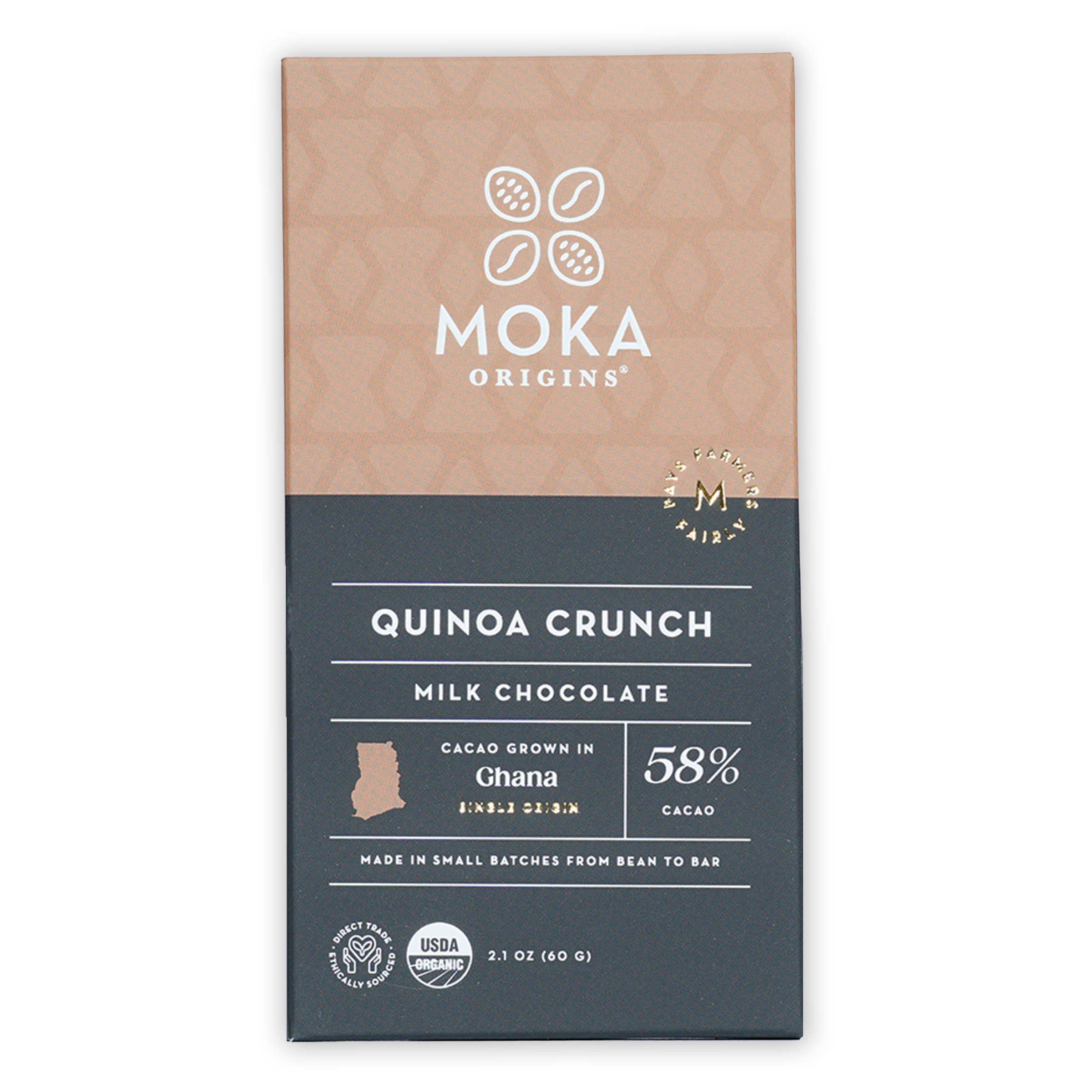 Moka Quinoa Crunch Milk Chocolate 58% bar in beige gray wrapper with gold foil
