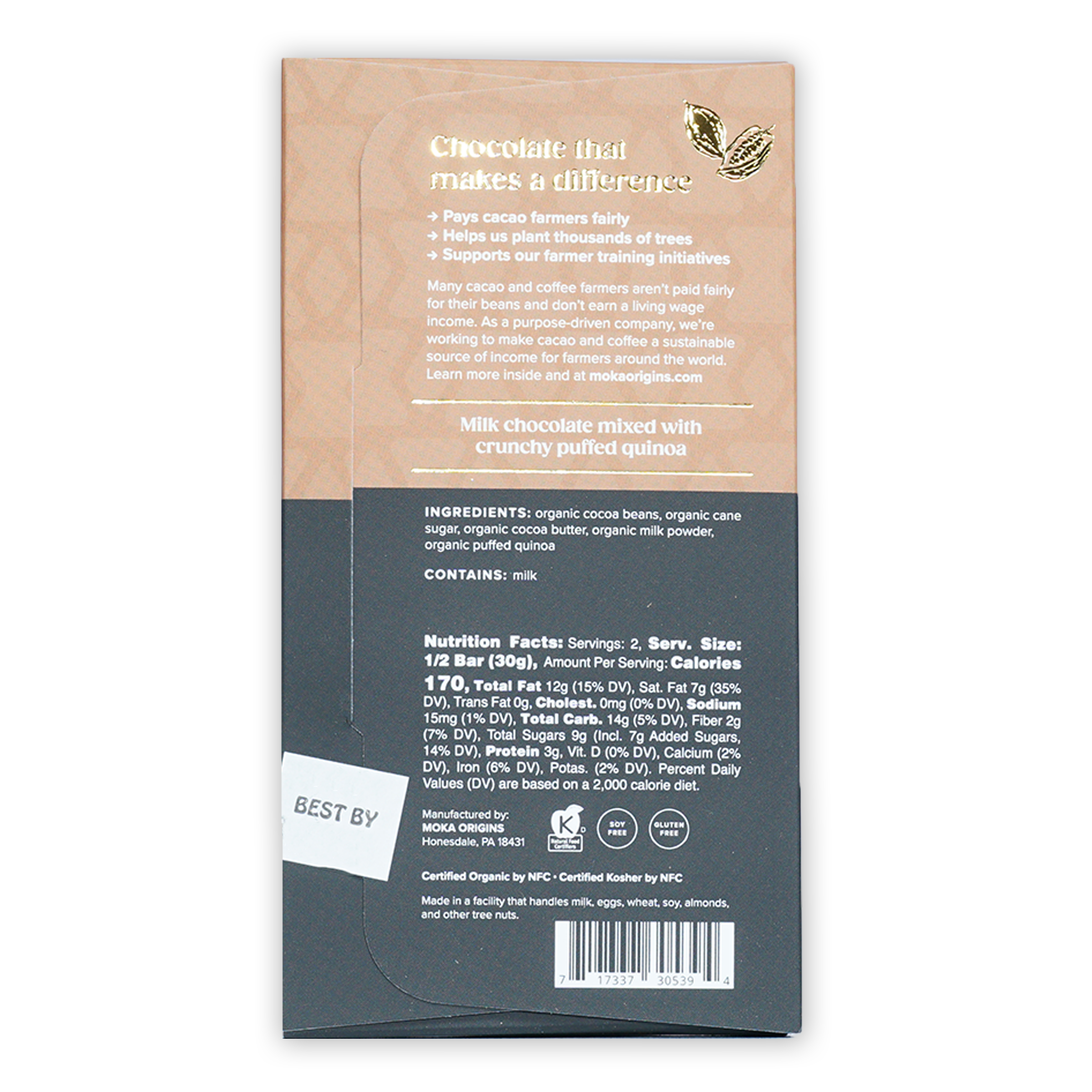 Moka Quinoa Crunch Milk Chocolate 58% bar with puffed quinoa in tan gray wrapper