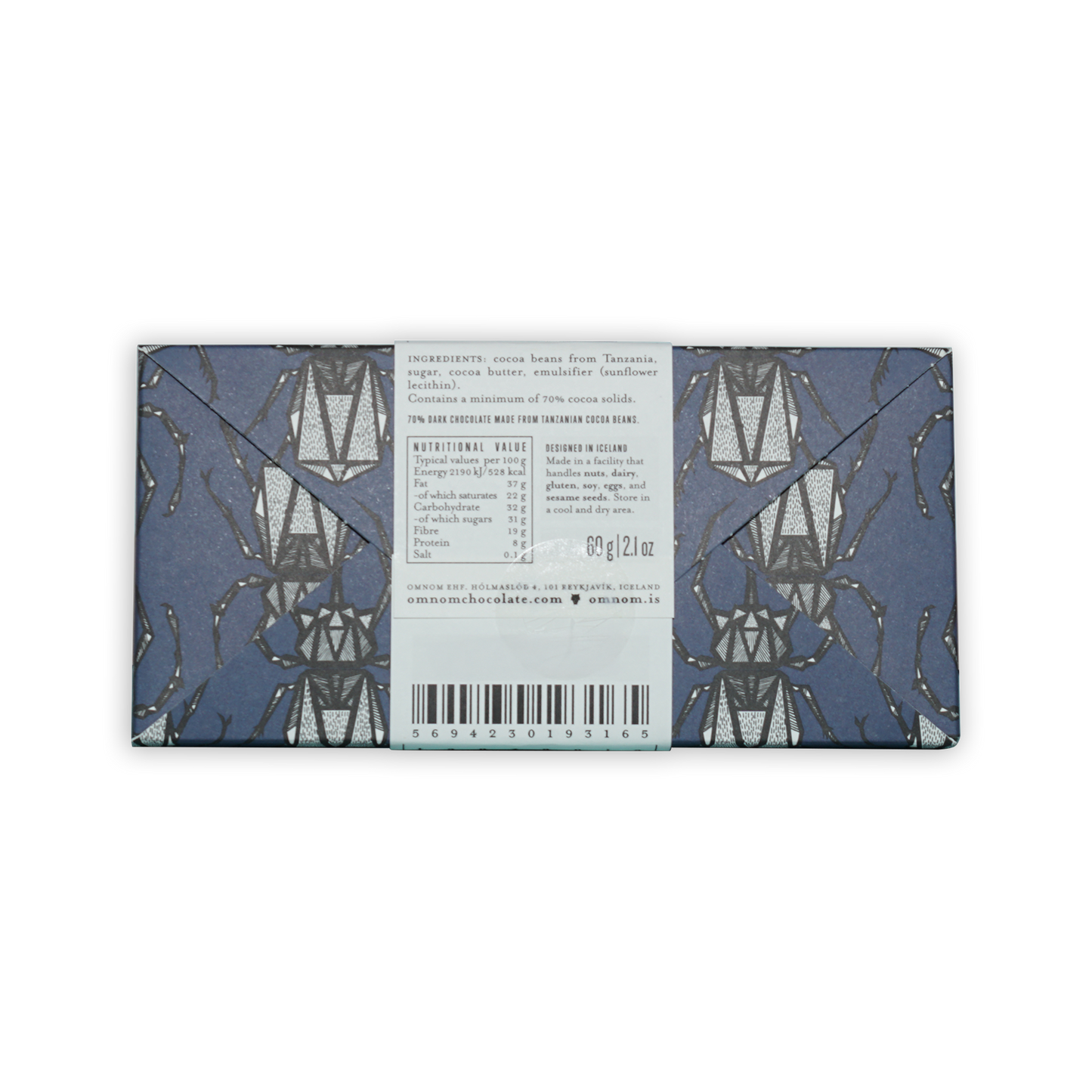 Omnom Tanzania 70% dark blue chocolate bar wrapper with silver lanterns