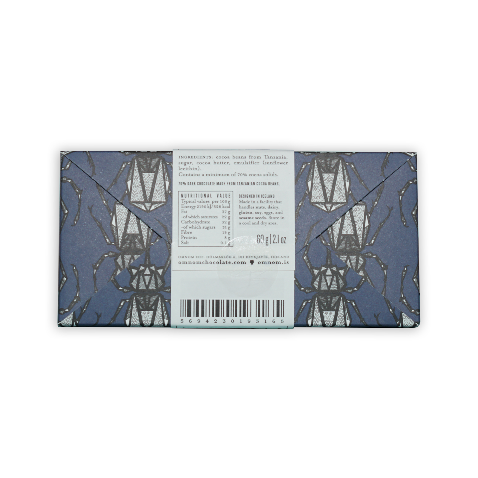Omnom Tanzania 70% dark blue chocolate bar wrapper with silver lanterns
