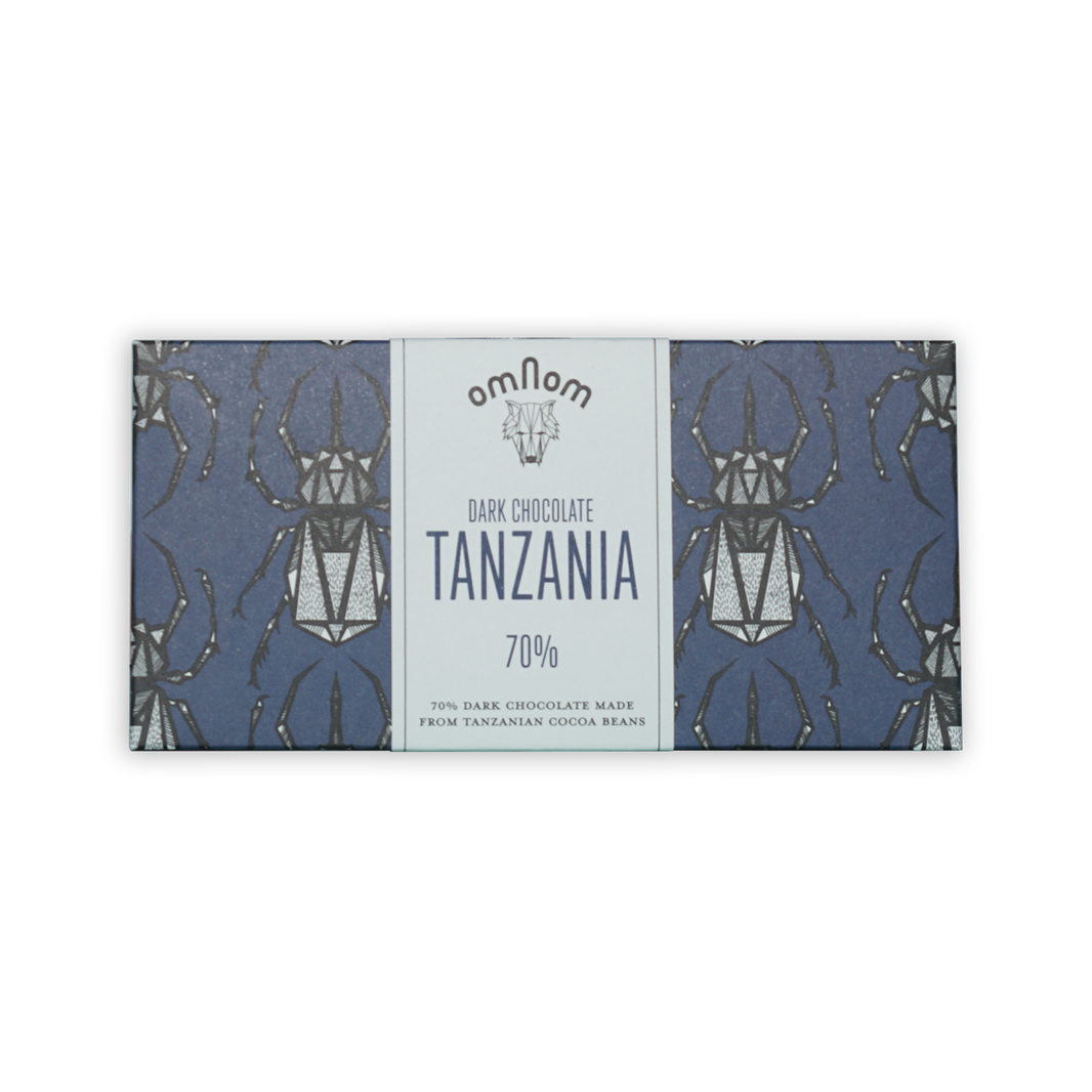 Omnom Tanzania 70% dark chocolate bar in blue beetle package