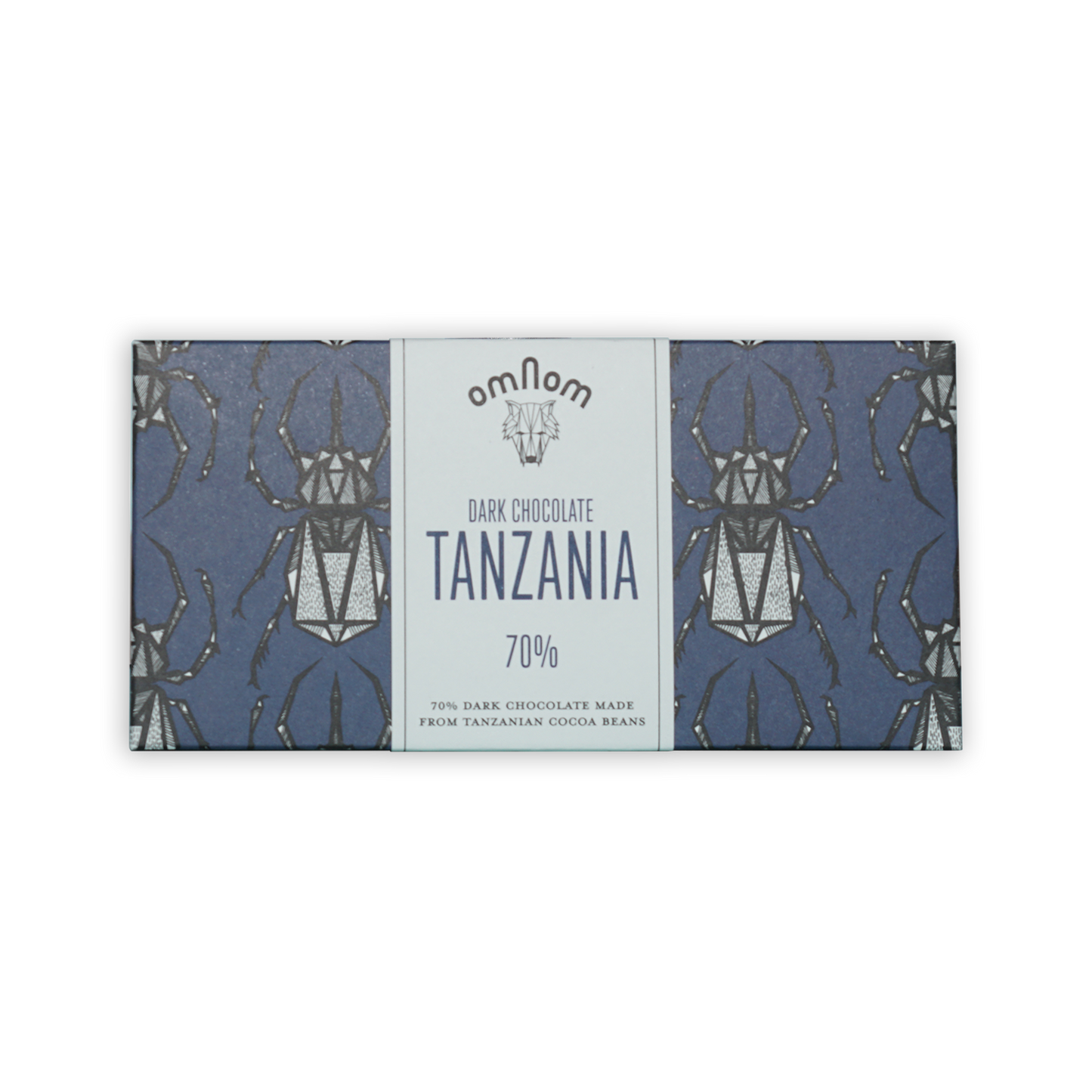 Omnom Tanzania 70% dark chocolate bar in blue beetle package