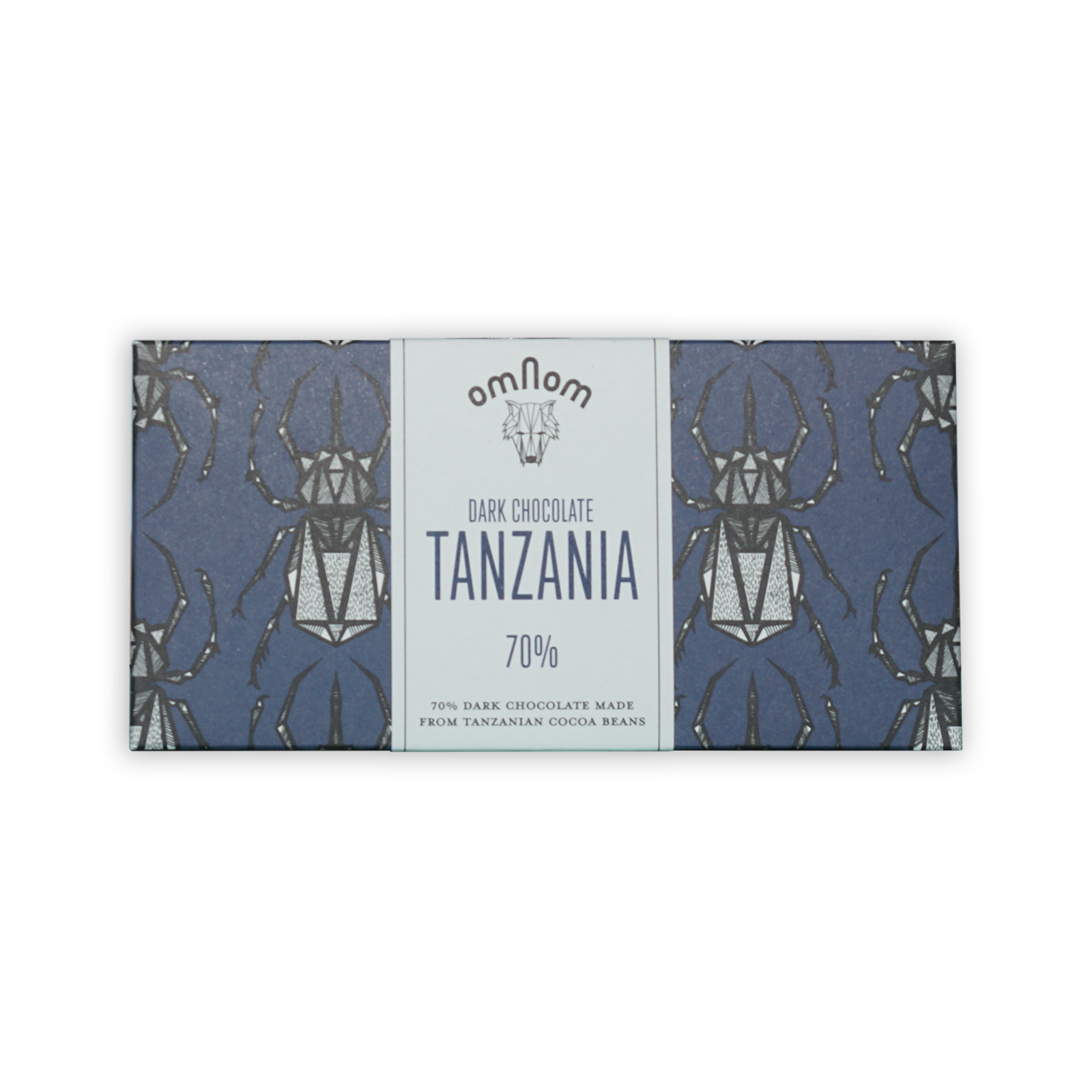 Omnom Tanzania 70% dark chocolate bar in blue beetle package
