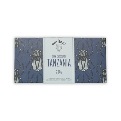 Omnom Tanzania 70% dark chocolate bar in blue beetle package