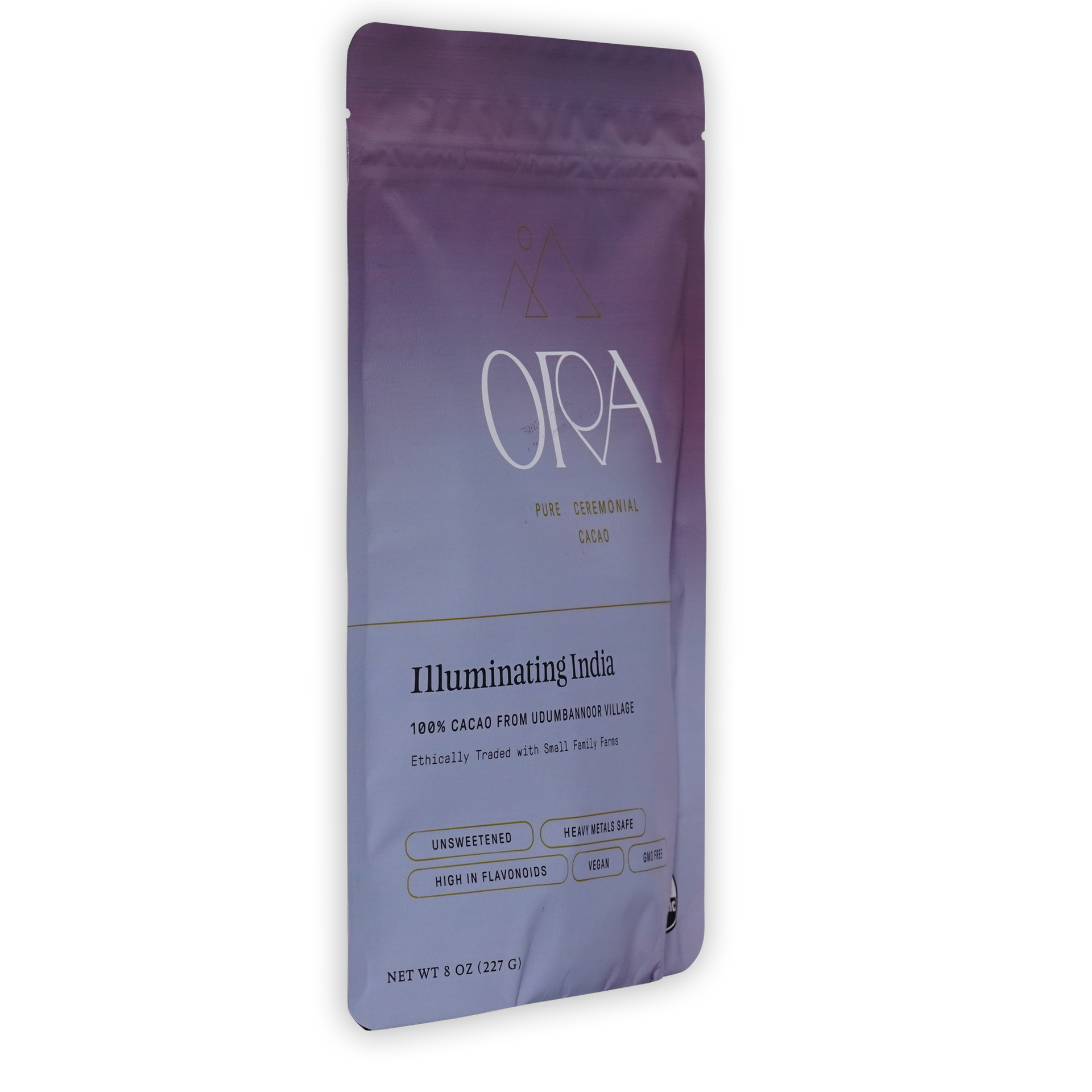 A purple and lavender stand-up pouch of Ora Cacao on side.