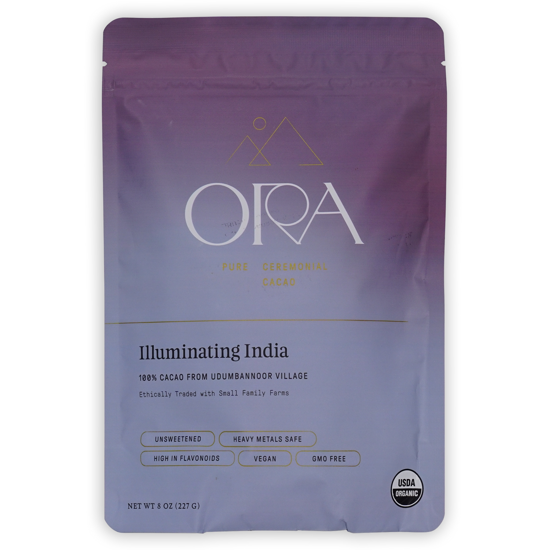 A purple and lavender stand-up pouch of Ora cacao 'Illuminating India' organic  cermonial cacao