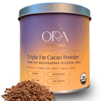 Ora triple fat cacao powder in purple-orange tin, vegan organic 100% not alkalized