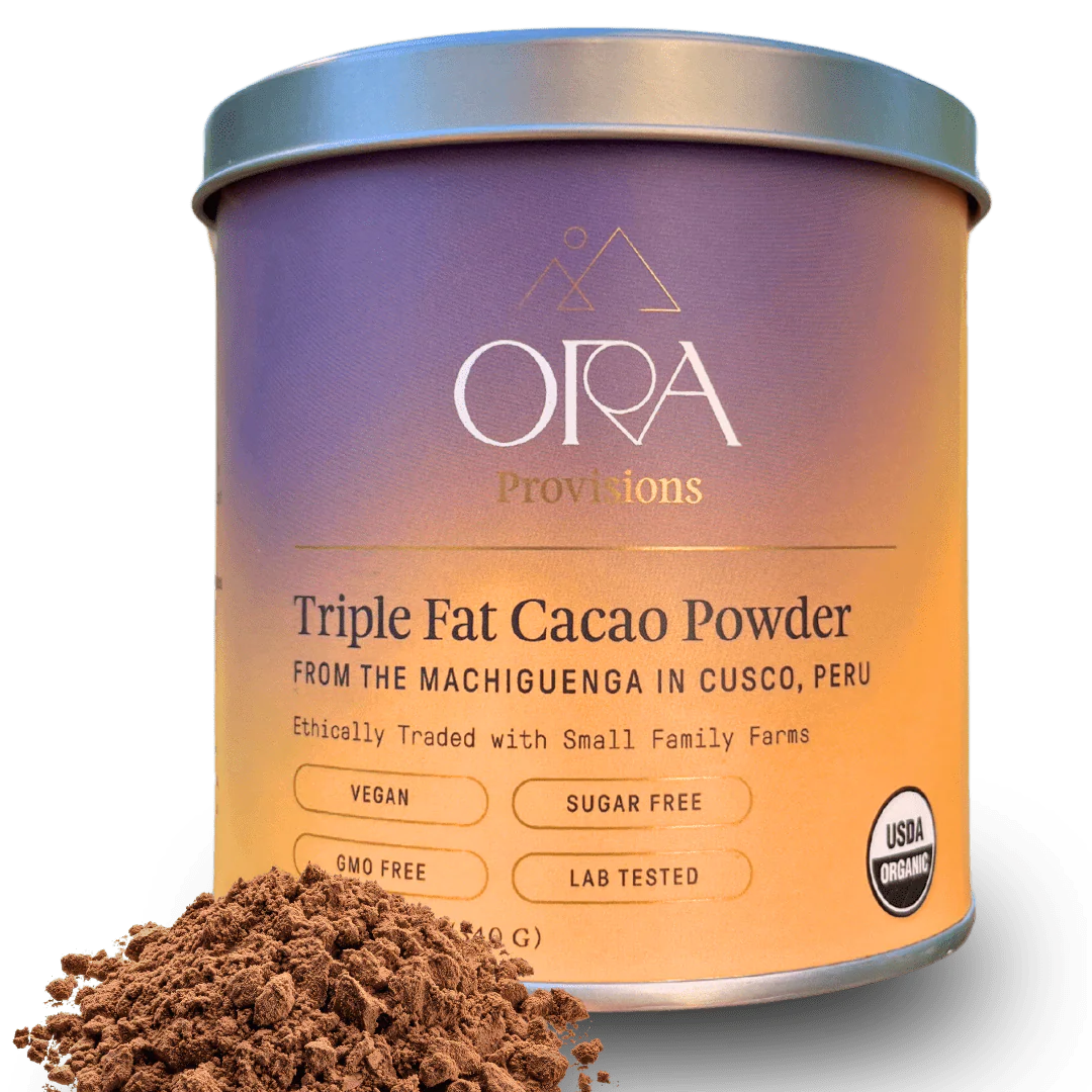 Ora triple fat cacao powder in purple-orange tin, vegan organic 100% not alkalized