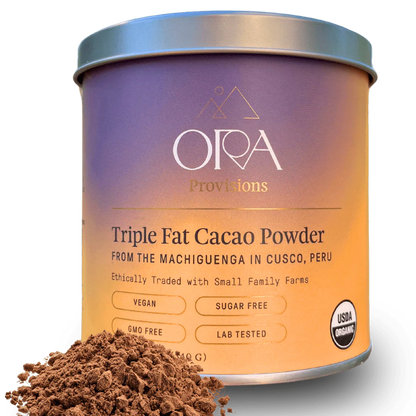 Ora triple fat cacao powder in purple-orange tin, vegan organic 100% not alkalized
