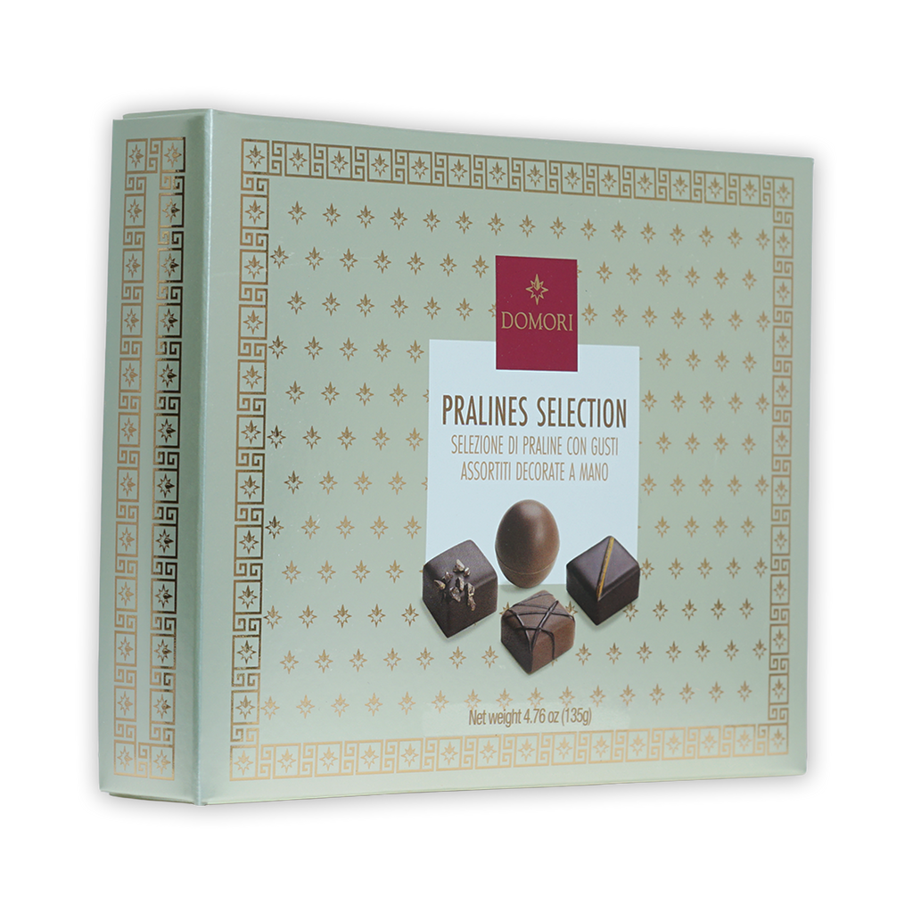 Elegant light green Domori pralines gift box with gold patterns, 12 pcs