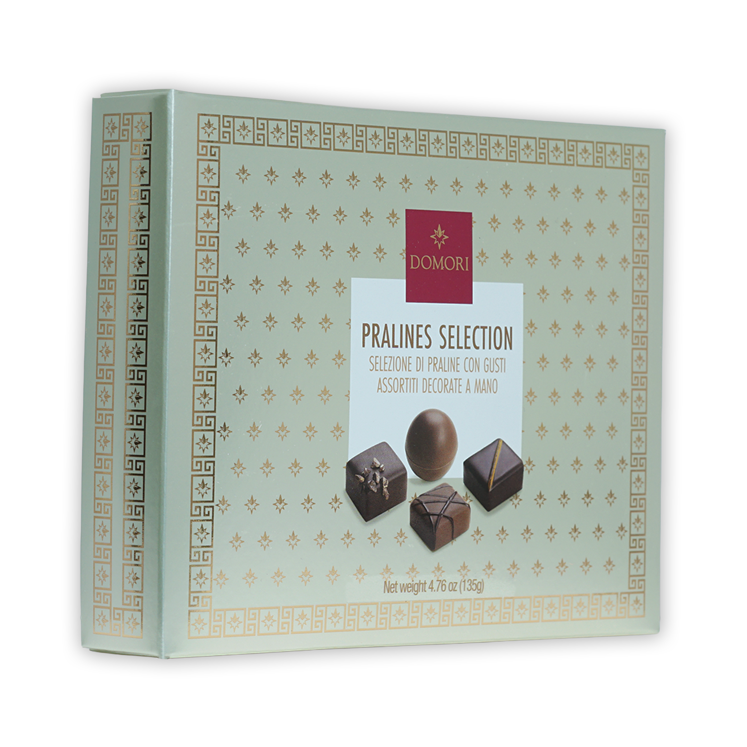 Elegant light green Domori pralines gift box with gold patterns, 12 pcs