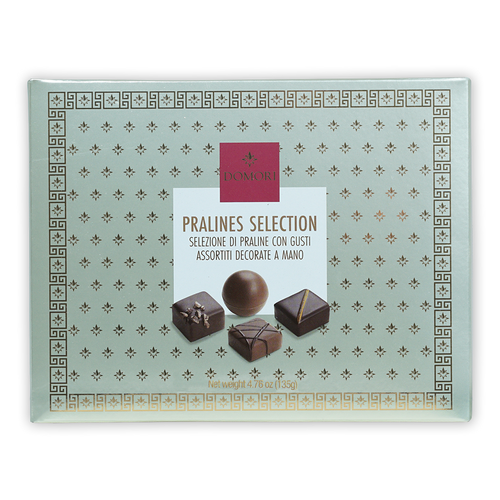 Domori 12pc praline gift box: light green with gold-black pattern, L’Oreal label