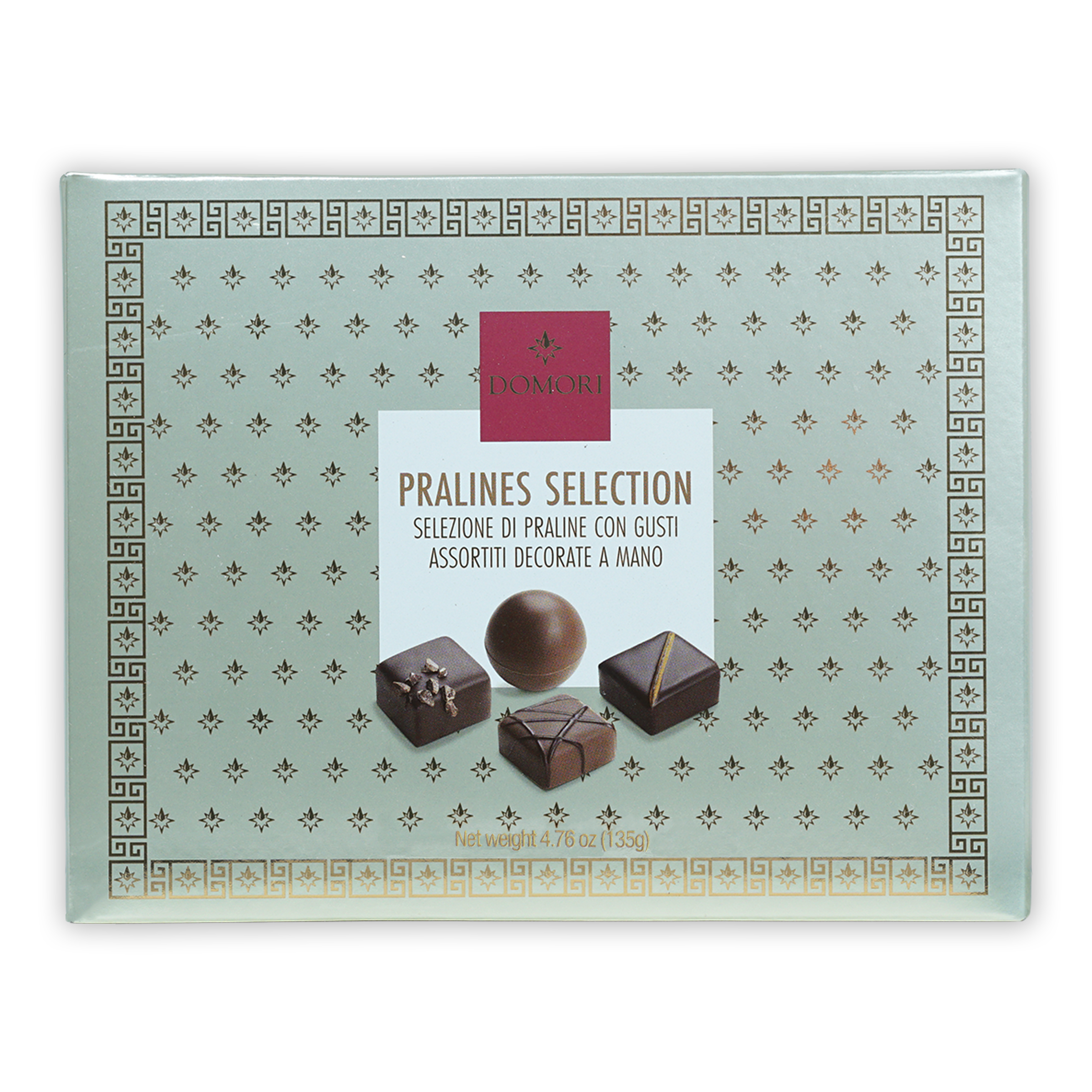 Domori 12pc praline gift box: light green with gold-black pattern, L’Oreal label