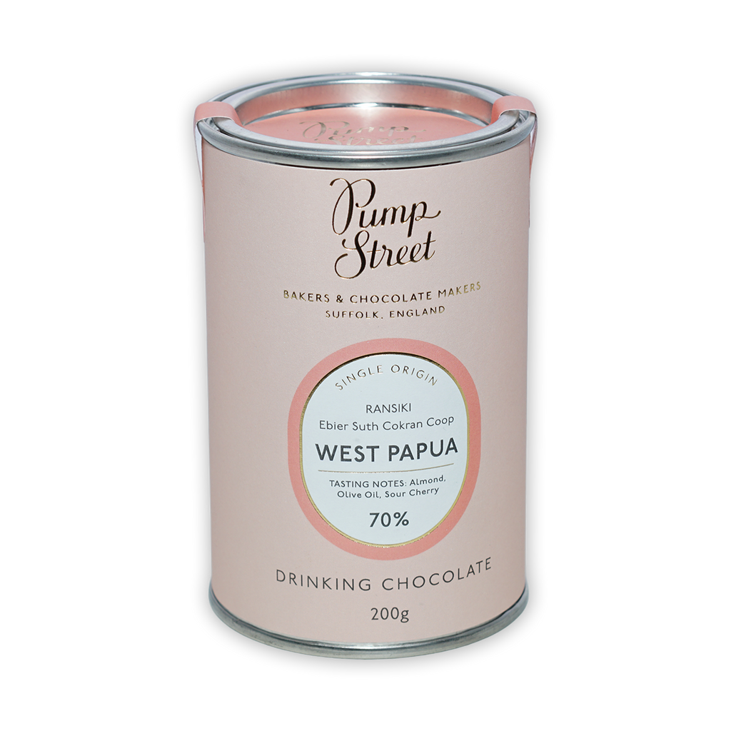 Pink cylindrical tin of Pump Street Drinking Chocolate West Papua 70%