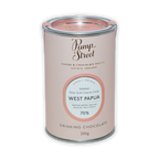 Pink cylindrical tin of Pump Street Drinking Chocolate West Papua 70%