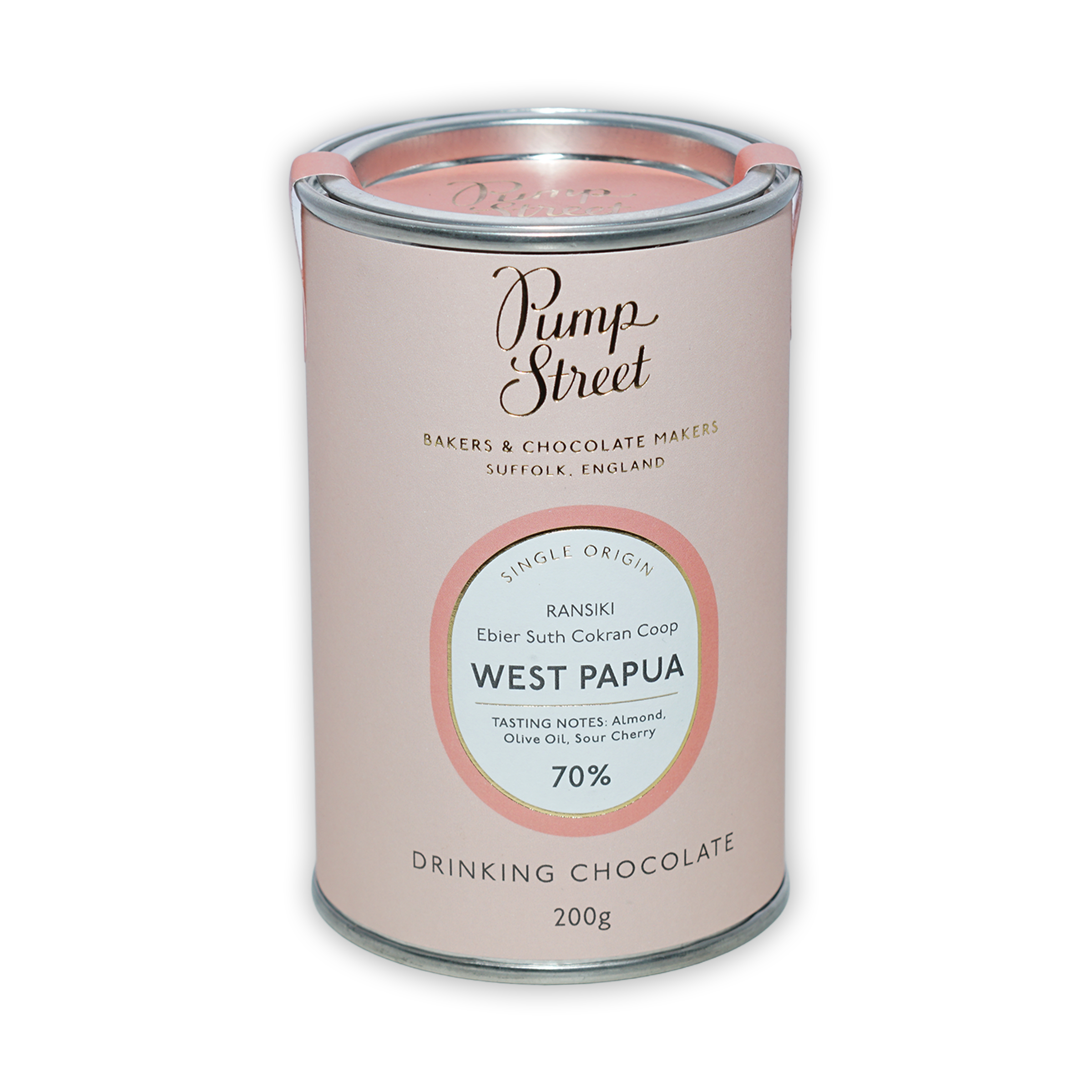 Pink cylindrical tin of Pump Street Drinking Chocolate West Papua 70%