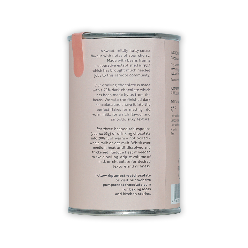 Pump Street Drinking Chocolate West Papua 70% matte pink can back