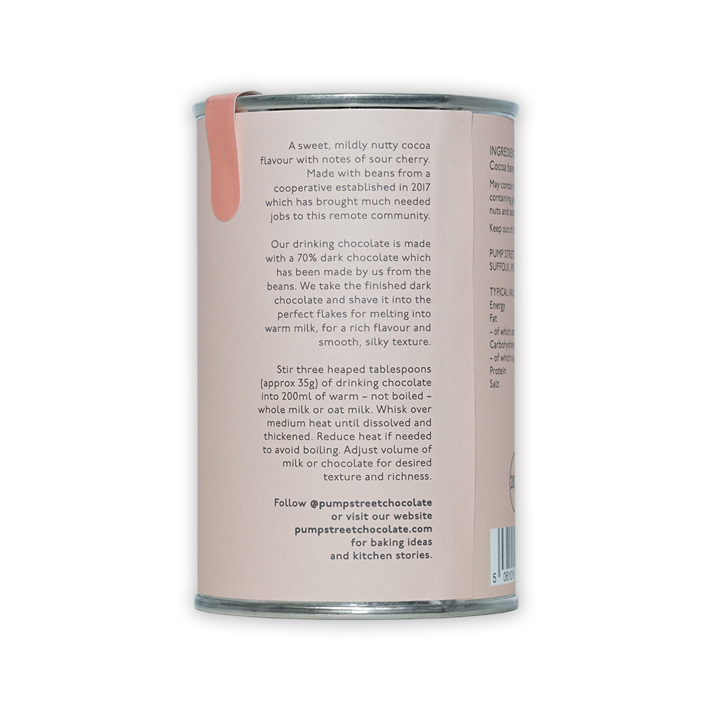 Pump Street Drinking Chocolate West Papua 70% matte pink can back
