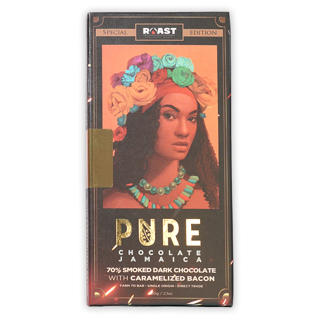 Pure Chocolate Smoked Dark w/ Caramelized Bacon Jamaica bar with vibrant woman illustration