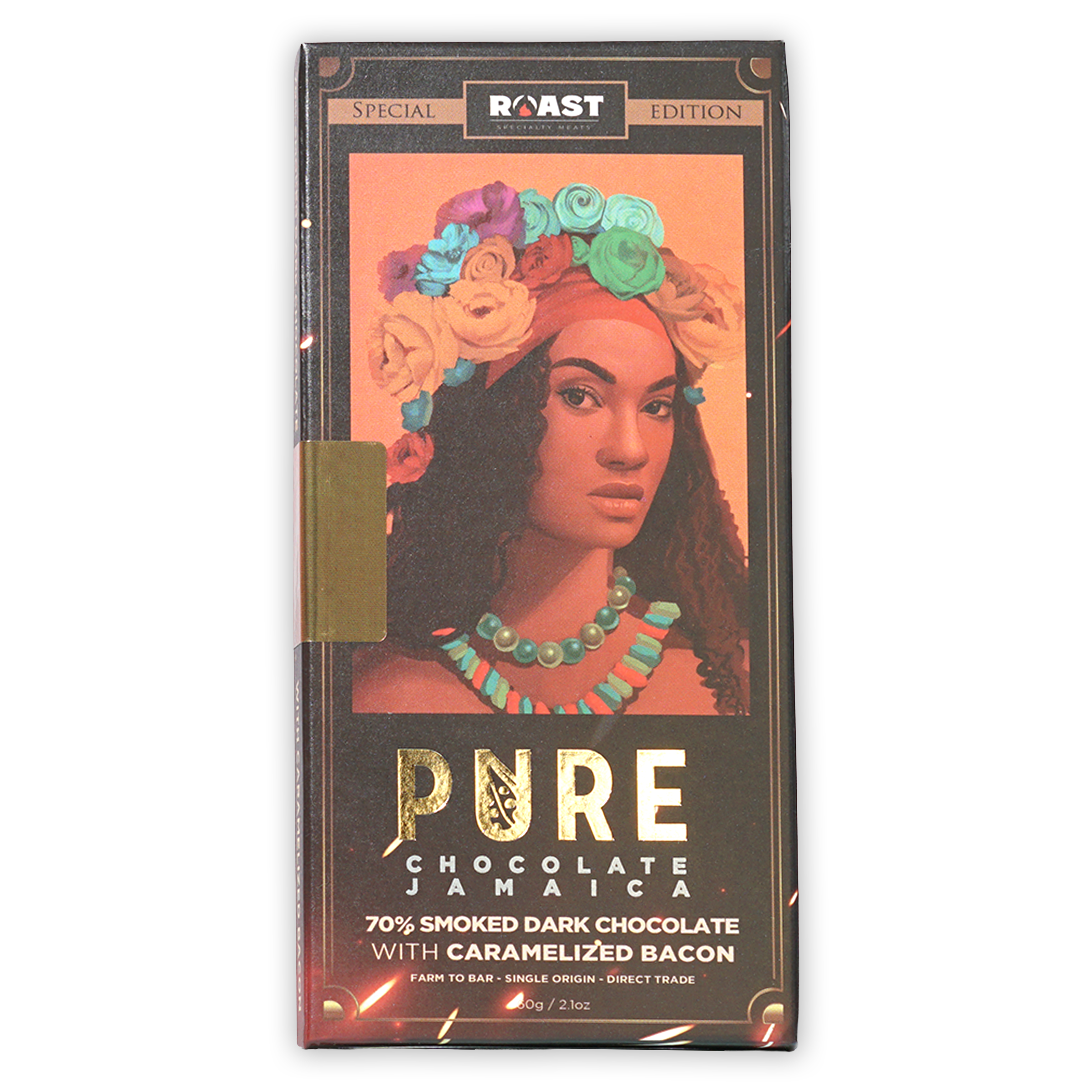 Pure Chocolate Smoked Dark w/ Caramelized Bacon Jamaica bar with vibrant woman illustration