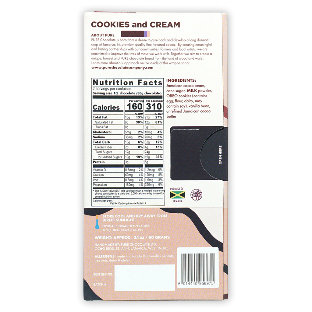 Back of Pure Chocolate Milk Chocolate w/ Cookies & Cream bar with nutrition label