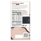 Back of Pure Chocolate Milk Chocolate w/ Cookies & Cream bar with nutrition label