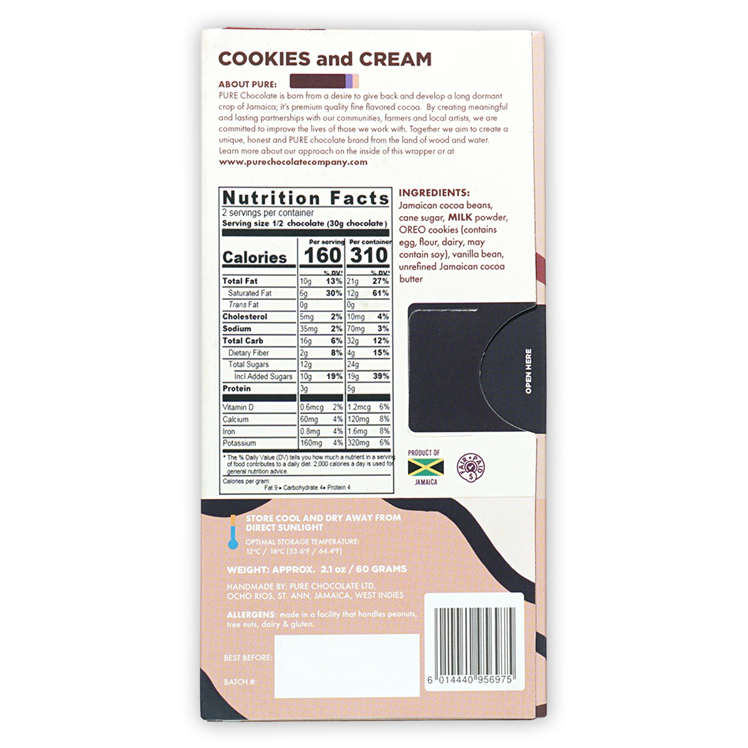 Back of Pure Chocolate Milk Chocolate w/ Cookies & Cream bar with nutrition label
