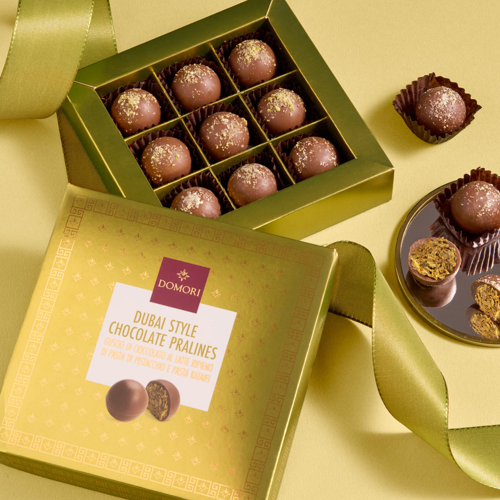 Domori Dubai chocolate pralines gift box, 9 pcs gold box with cocoa-dusted pralines