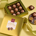 Domori Dubai chocolate pralines gift box, 9 pcs gold box with cocoa-dusted pralines