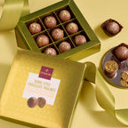Domori Dubai chocolate pralines gift box, 9 pcs gold box with cocoa-dusted pralines