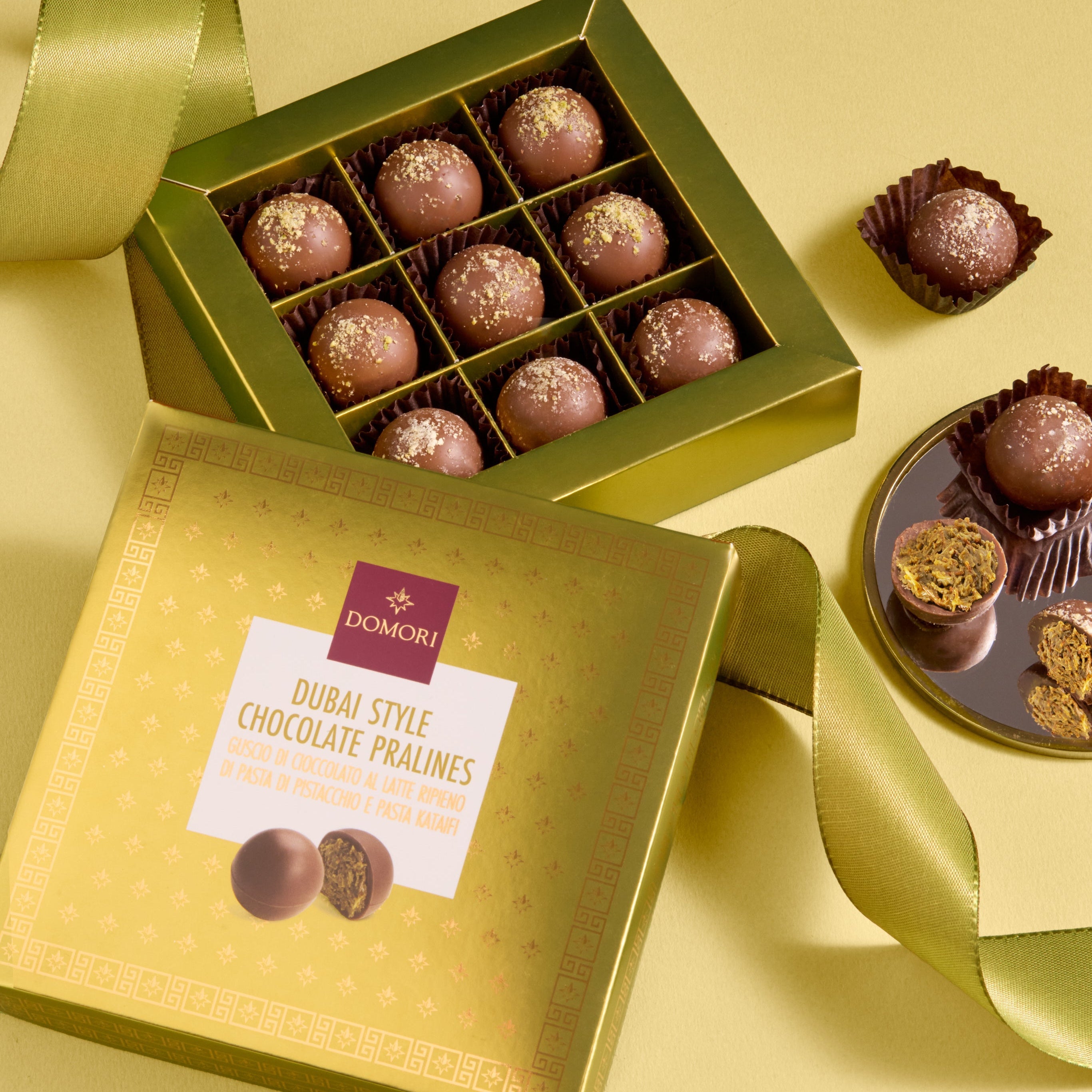 Domori Dubai chocolate pralines gift box, 9 pcs gold box with cocoa-dusted pralines