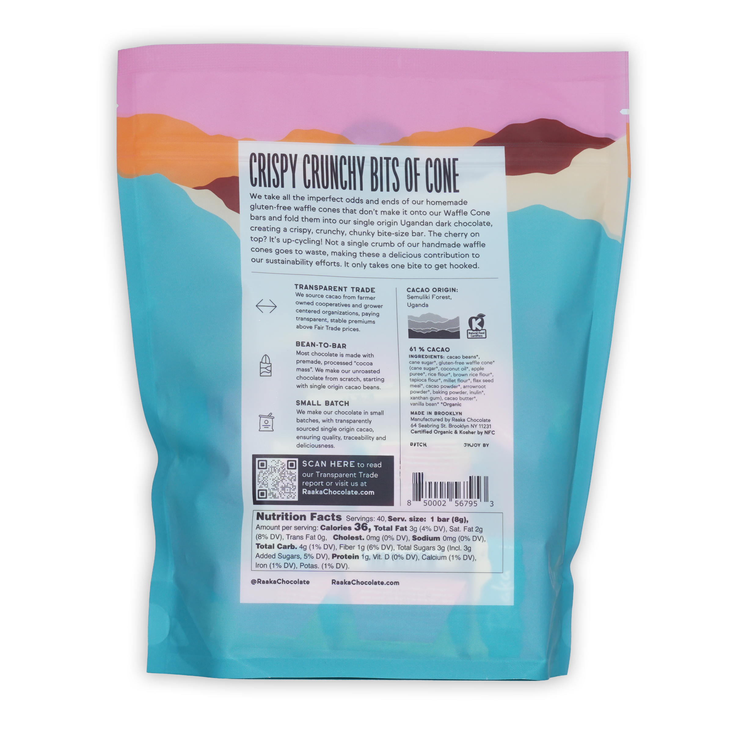 Back of Raaka Waffle Crunch Mini Chocolate Bars 61% 40ct bag