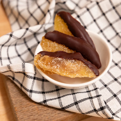 Ranger Dark Chocolate Candied Ginger: glossy chocolate-dipped citrus slices