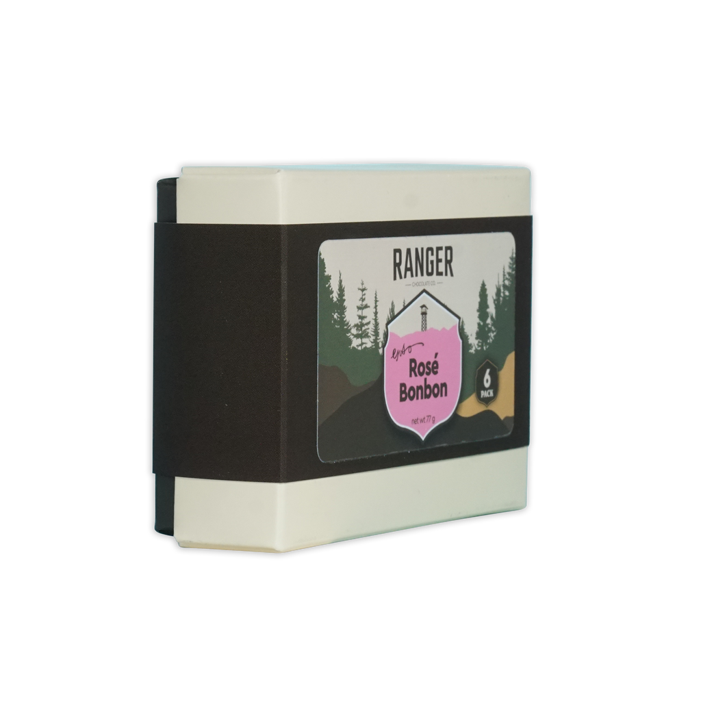 Ranger rosé bonbon candy bar in white and black packaging with pink lighthouse label in a 6 piece box