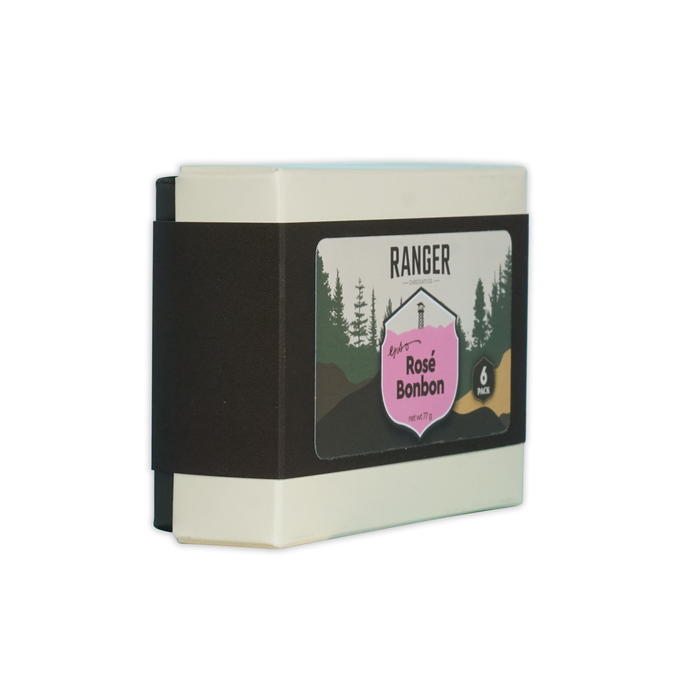 Ranger rosé bonbon candy bar in white and black packaging with pink lighthouse label in a 6 piece box